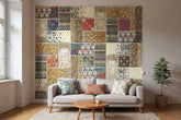 Living room with a decorative wall panel and a sofa with cushions. Custom floral pattern wallpaper for living room decor
Peel and stick geometric wallpaper for kids bedroom
Nature-inspired wallpaper for home office walls