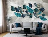 Modern living room with a gray sofa, decorative pillows, and a wall art piece of blue leaves. Custom floral pattern wallpaper for living room decor
Peel and stick geometric wallpaper for kids bedroom
Nature-inspired wallpaper for home office walls