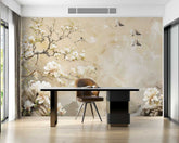 Dining room with a large floral mural on the wall. Custom floral pattern wallpaper for living room decor
Peel and stick geometric wallpaper for kids bedroom
Nature-inspired wallpaper for home office walls