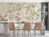 Dining room with a floral wall mural and beige chairs. Custom floral pattern wallpaper for living room decor
Peel and stick geometric wallpaper for kids bedroom
Nature-inspired wallpaper for home office walls