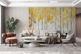 blue floral wallpaper, gold leaf wallpaper, artistic wall mural, luxury botanical wallpaper.