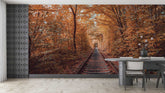 Wall mural of a forest scene with a path in a room with a dining table and chairs.
wallpaper home decore wallgraphics