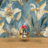 Decorative floral wallpaper with gold and white flowers on a blue background, paired with a small round table and chairs. wallpaper, wall graphics, customize wallpaer,
