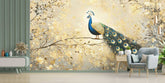 Living room with a decorative wall mural featuring a peacock. wallpaper, customized wallpaper, wall graphics, design