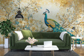 Living room with a green sofa, floral coffee table, and peacock wall mural. wallpaper, wa;; decor, customized wallpaper, design