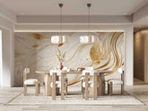 Dining room with a marble-patterned wall and wooden table. wallpaper, customized wallpaper, wall graphics, design, wall decor