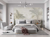 Modern bedroom with a large bed, ottoman, and decorative wall art. wallpaper, customized wallpaper, wall graphics, design, wall decor.