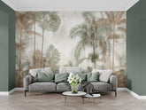 Living room with a gray sofa against a wall with palm tree mural. wallpaper, wall graphics, customize wallpaper, design, wall decor