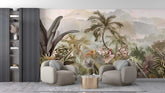 Modern living room with tropical mural wall, gray armchairs, and a coffee table.wallpaper, wall graphics, design, customize wallpaper.