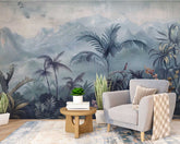 Living room with a gray armchair, wooden coffee table, and tropical wall mural. wallpaper, design, wall graphics, customized wallpaper, wall decor