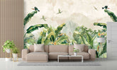 Living room with a large wall mural of tropical plants and birds.