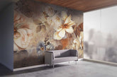 Modern living room with a floral wallpaper mural and a gray sofa.