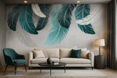 Modern living room with a large feather mural on the wall.