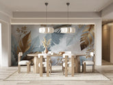 Dining room with wooden table and chairs, decorative wall mural, and pendant lights.