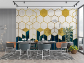 Dining room with geometric wall design, table, chairs, and decor.