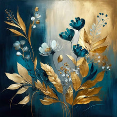 A canvas print featuring a vibrant floral design with gold and blue colors, displayed on a wall above a blue couch in a well-lit living room setting.
