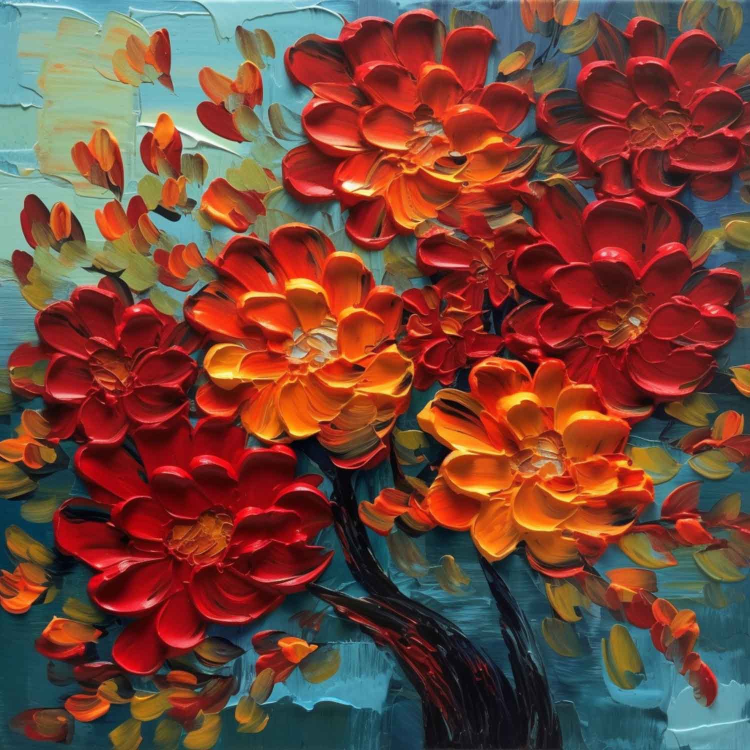 A vibrant canvas print featuring a floral painting with predominantly red and orange flowers, displayed above a gray sofa in a room with a minimalist decor.