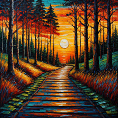 A canvas print featuring a vibrant sunset with a pathway through trees, displayed on a wall above a white sofa in a cozy living room setting.