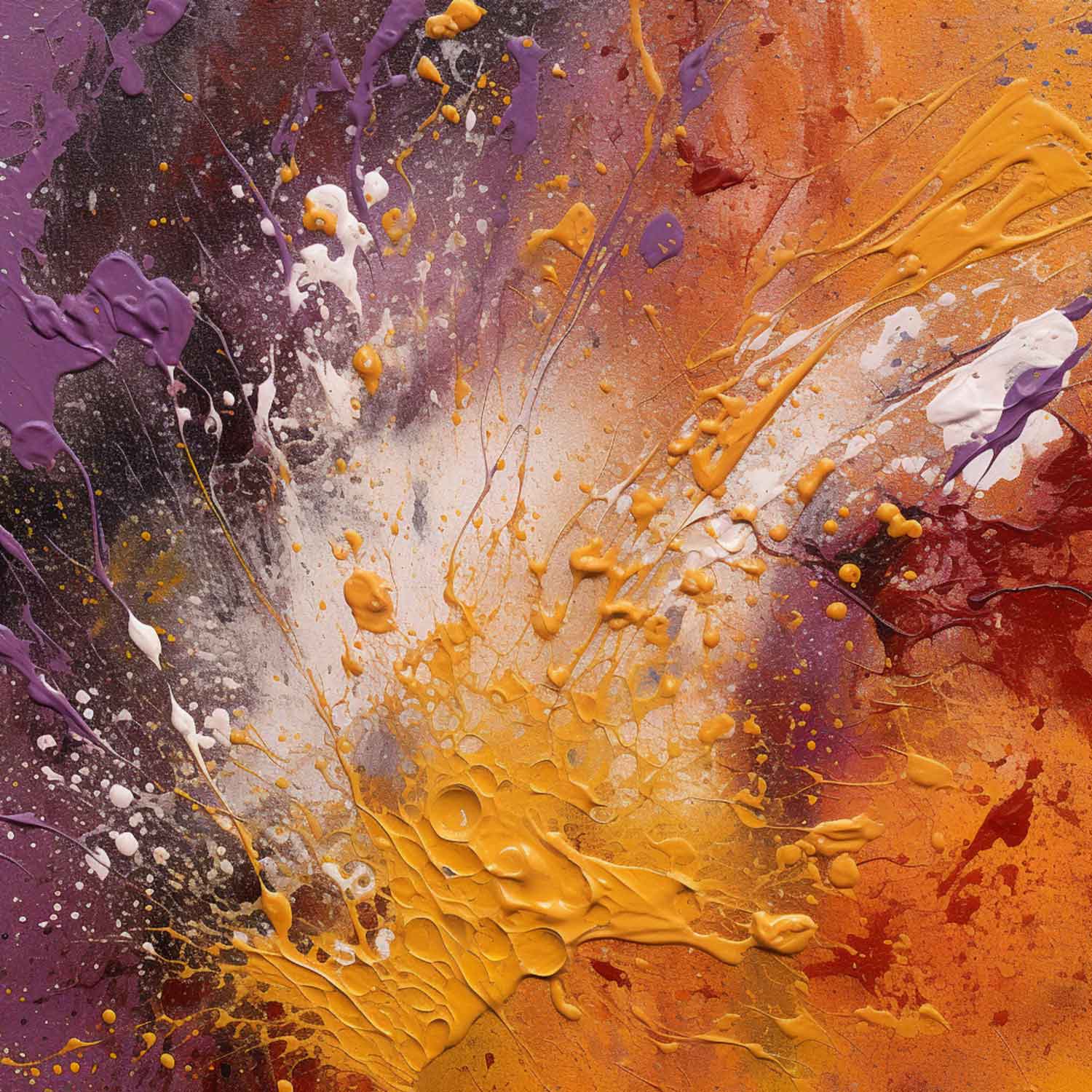 A modern abstract painting featuring shades of purple, orange, and gray, with dynamic textures, displayed on a white wall above a white sofa with green cushions.