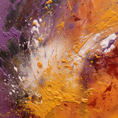 A modern abstract painting featuring shades of purple, orange, and gray, with dynamic textures, displayed on a white wall above a white sofa with green cushions.