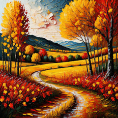 A canvas painting depicting a winding road with trees in autumn colors, displayed above a white sofa in a room with a light interior.