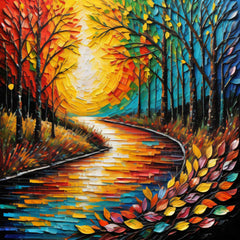 A vibrant canvas painting featuring a colorful forest path with trees and a sun flare, displayed on a green wall above a yellow sofa in a living room setting.