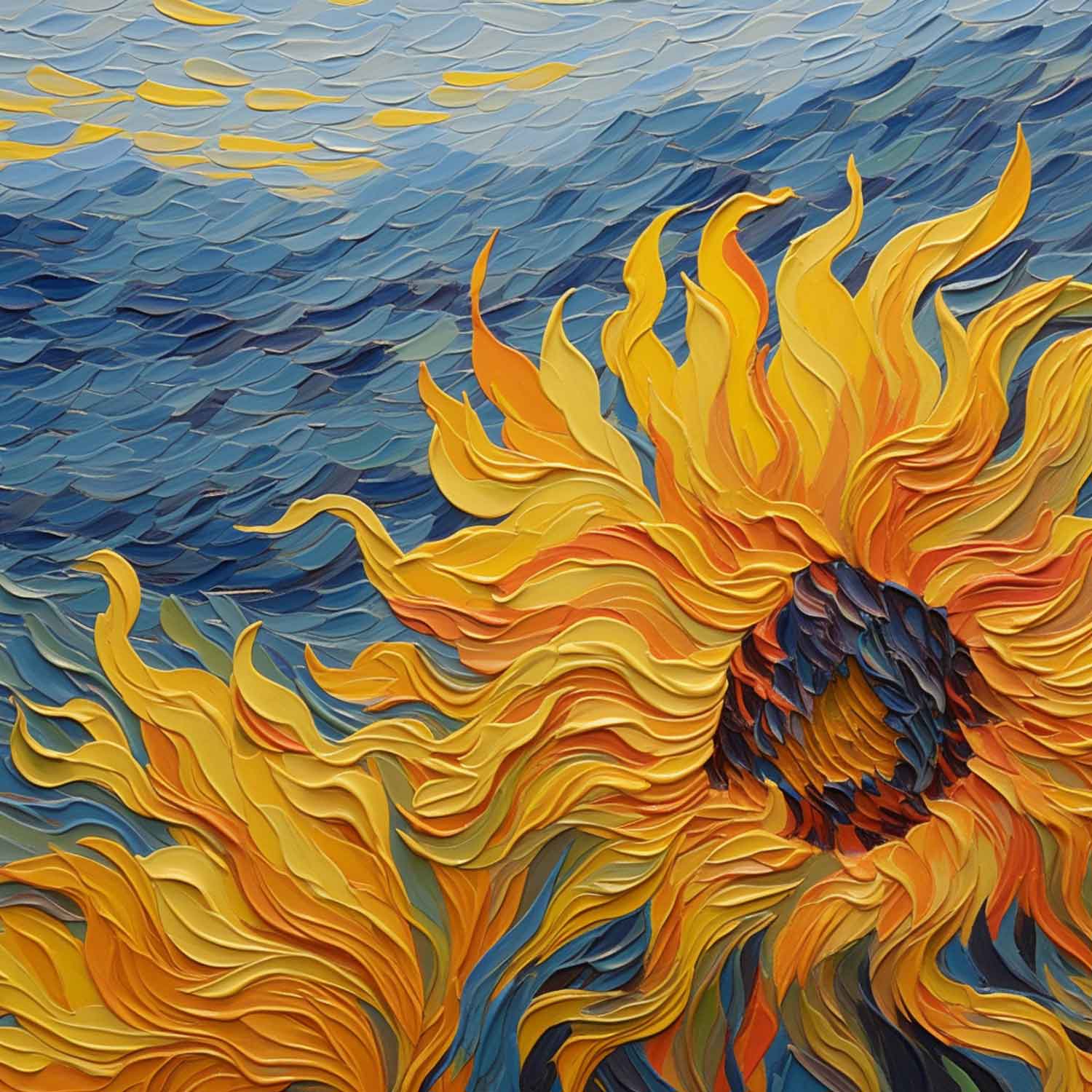 A vibrant painting of a yellow sunflower with a blue sky in the background, displayed on a wall above a gray sofa and wooden coffee table.