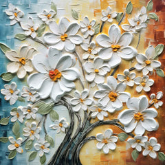 A framed abstract artwork featuring a tree with white flowers, displayed above a purple couch with a green pillow, in a room with white brick wall and a wooden floor.