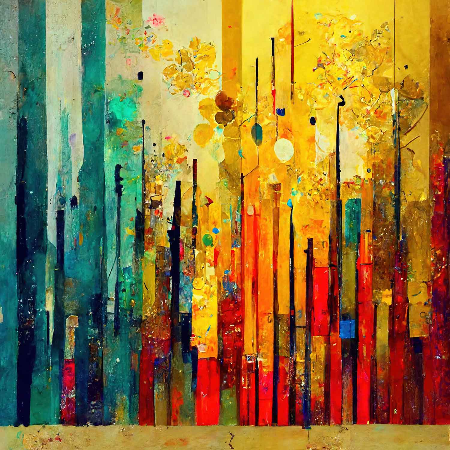 A vibrant abstract painting featuring vertical lines in multiple colors displayed on a wall above a wooden cabinet and a plant.