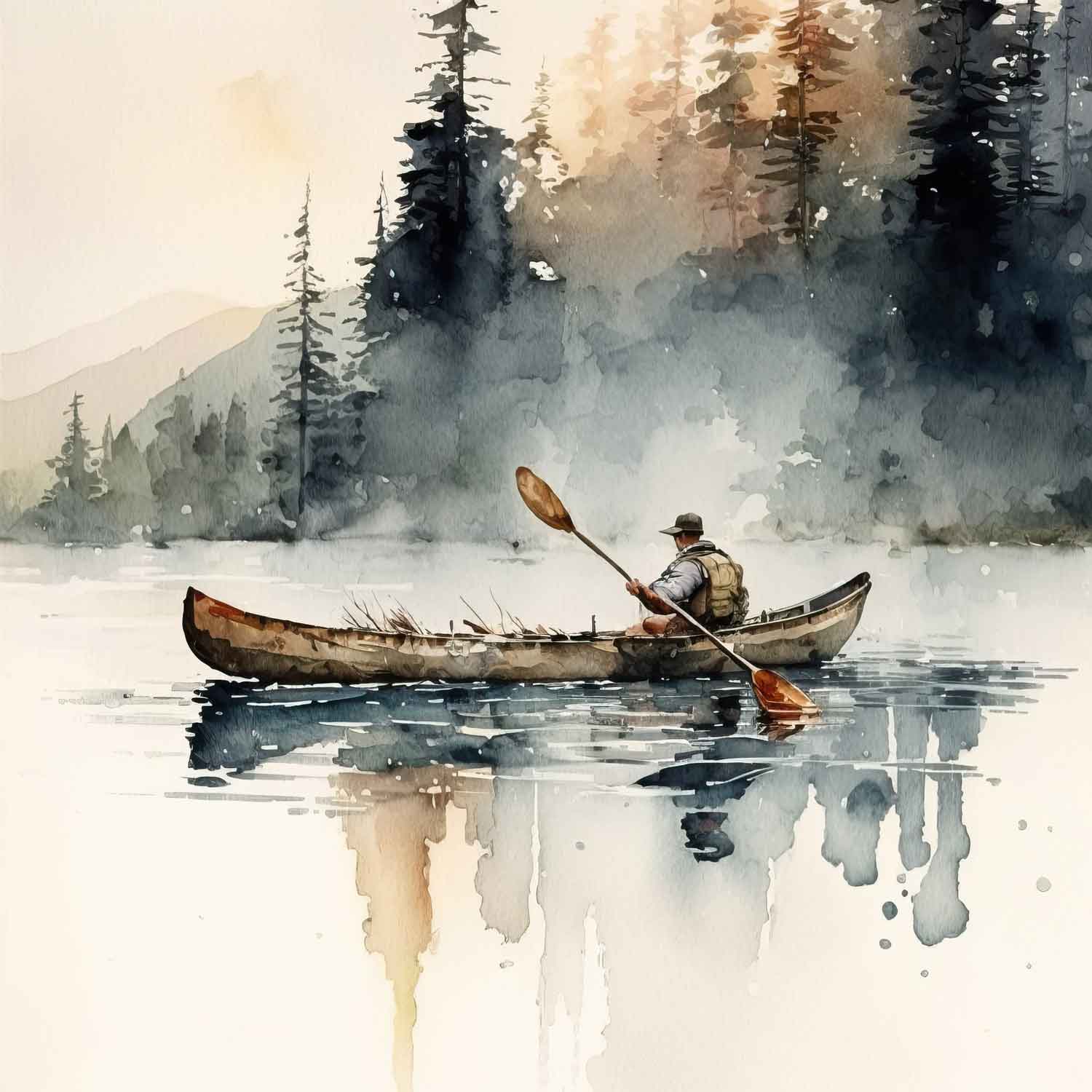 A canvas print depicting a painting with a person in a canoe on a lake, displayed above a grey sofa with cushions, a wooden coffee table, and a pink lamp in a room with white walls and a wooden floor.