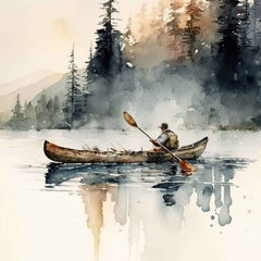 A canvas print depicting a painting with a person in a canoe on a lake, displayed above a grey sofa with cushions, a wooden coffee table, and a pink lamp in a room with white walls and a wooden floor.
