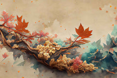 A canvas print featuring a branch with orange and red leaves against a beige background, displayed above a modern table and chair setup.