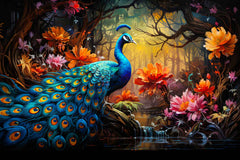 A canvas print featuring a vibrant painting of a peacock with a multicolored tail, perched on a branch surrounded by colorful leaves, displayed above a blue sofa in a room with gray walls and a light gray floor.