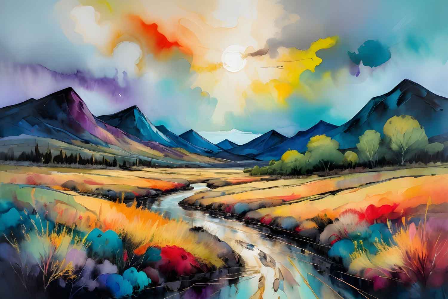 A canvas painting depicting a colorful landscape with mountains and a winding road, displayed above a grey sofa with a green cushion, in a home setting.