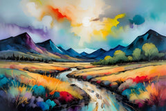 A canvas painting depicting a colorful landscape with mountains and a winding road, displayed above a grey sofa with a green cushion, in a home setting.