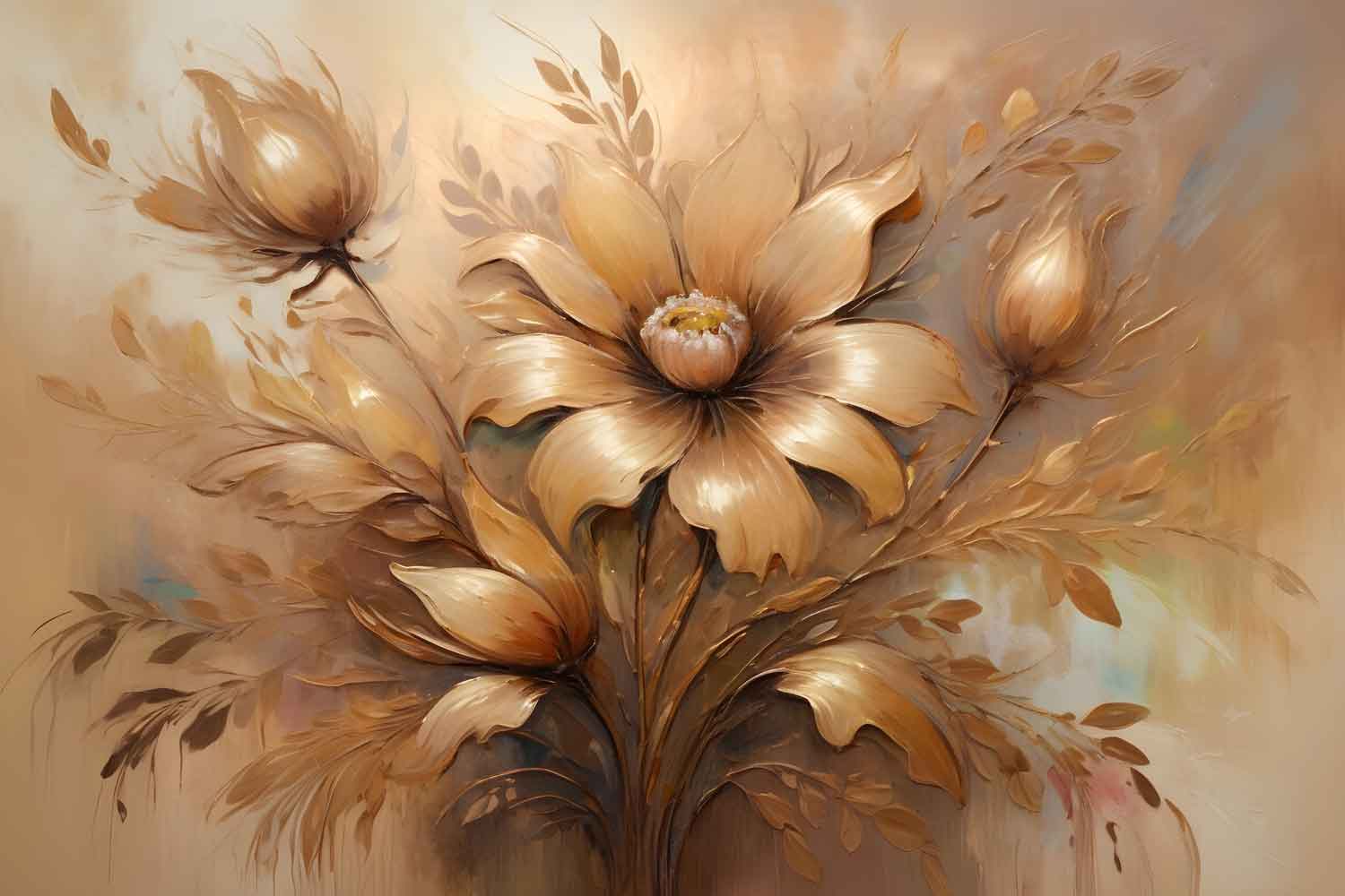 A canvas print featuring a detailed painting of brown and white flowers displayed above a tan sofa with white cushions.