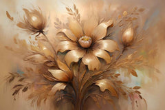 A canvas print featuring a detailed painting of brown and white flowers displayed above a tan sofa with white cushions.