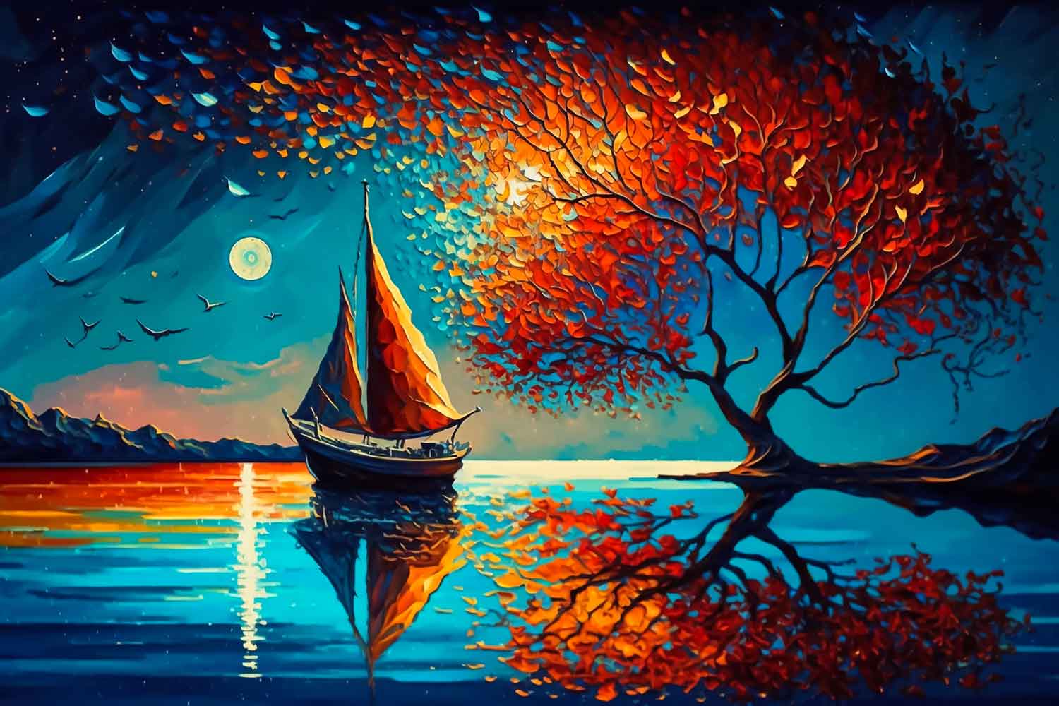 A canvas print featuring a vibrant painting with a boat, tree, and a colorful sky displayed above a gray sofa with two blue cushions.