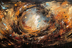 A canvas painting with a abstract design featuring swirls of gold and dark colors, displayed above a white sofa with multiple colored cushions on a colorful rug.