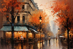A canvas print depicting a colorful street scene with trees and a building, hung on a wall above a brown sofa.