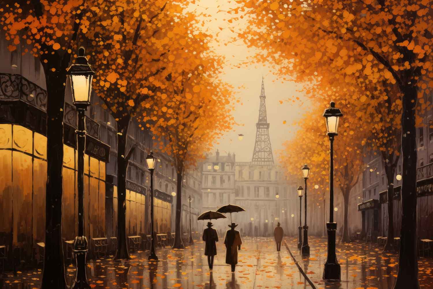 A canvas print depicting a painting of a woman walking in a street during autumn, with orange trees and a building in the background.