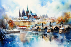 A canvas painting depicting a winter scene with a cityscape on a sofa against a brick wall background.