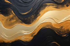A canvas print featuring an abstract black and gold design, displayed above an orange sofa in a room with a minimalist decor.