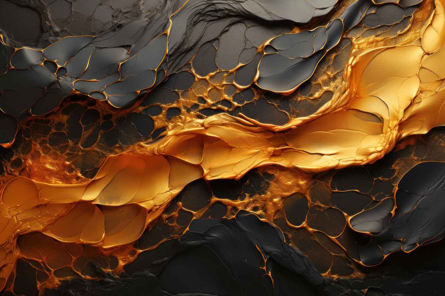 A canvas print featuring an abstract black and gold design, displayed above a brown sofa with striped cushions, placed in a room with a yellow wall.