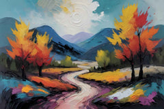 A canvas print featuring a vibrant painting with a winding road, trees, and a mountain range in the background, displayed above a gray sofa in a room with a light blue wall.