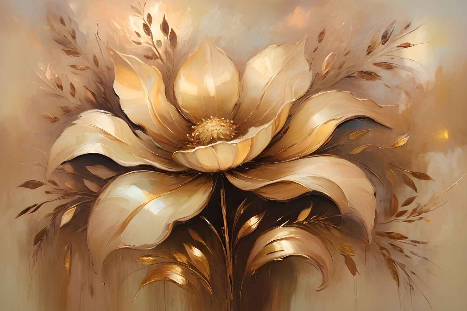 A canvas print of a floral painting featuring gold and beige colors, displayed on a wall between two armchairs and a table in a room with gray decor.