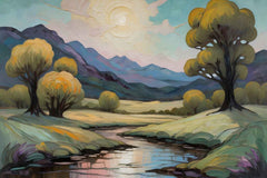 A canvas painting depicting a landscape with trees and a clear sky, displayed above a white sofa with a gray blanket on it.