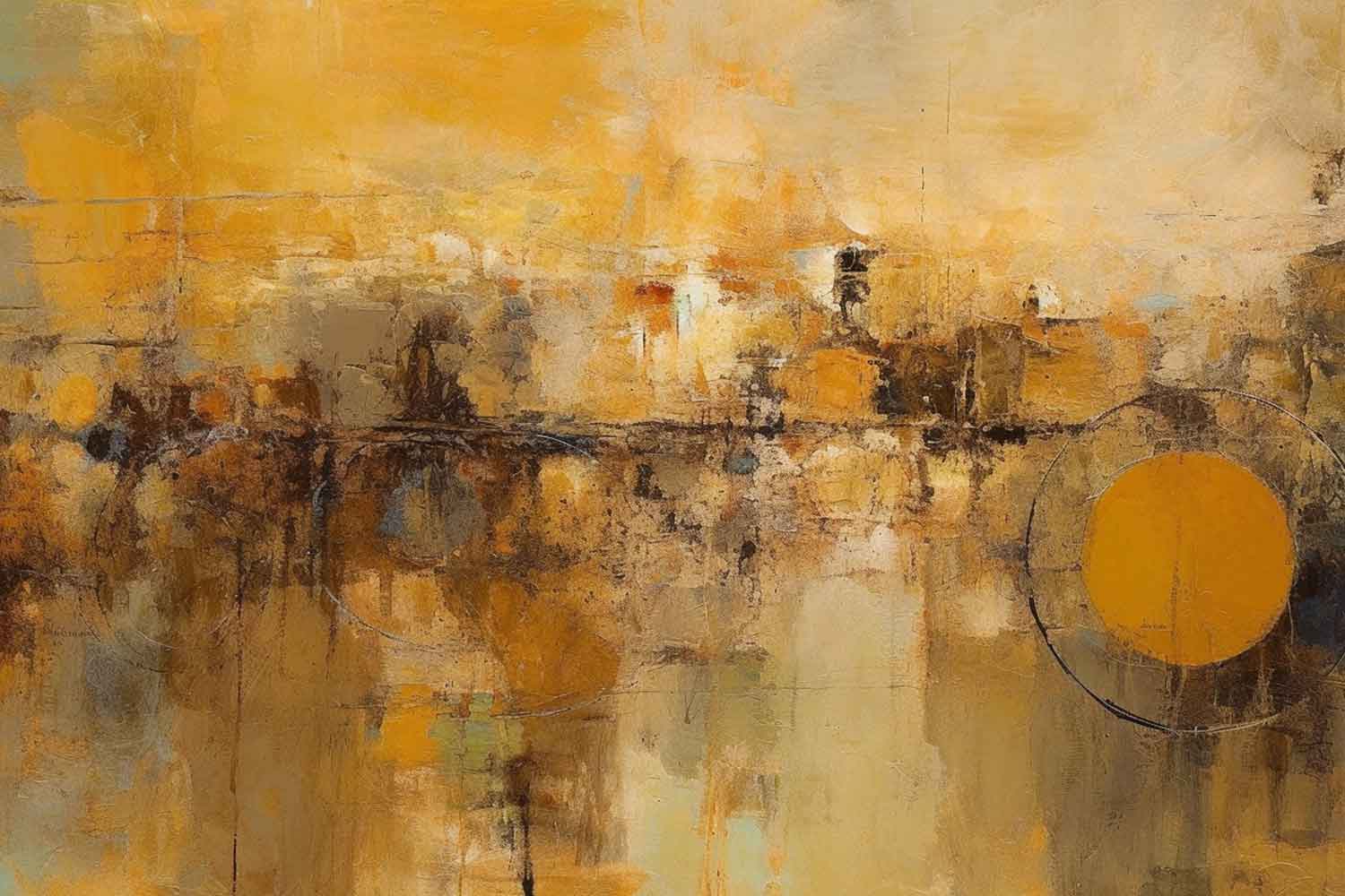 A abstract canvas painting featuring various shades of brown and yellow with geometric patterns, displayed on a wall above a grey chair and a small round table with a vase of flowers.