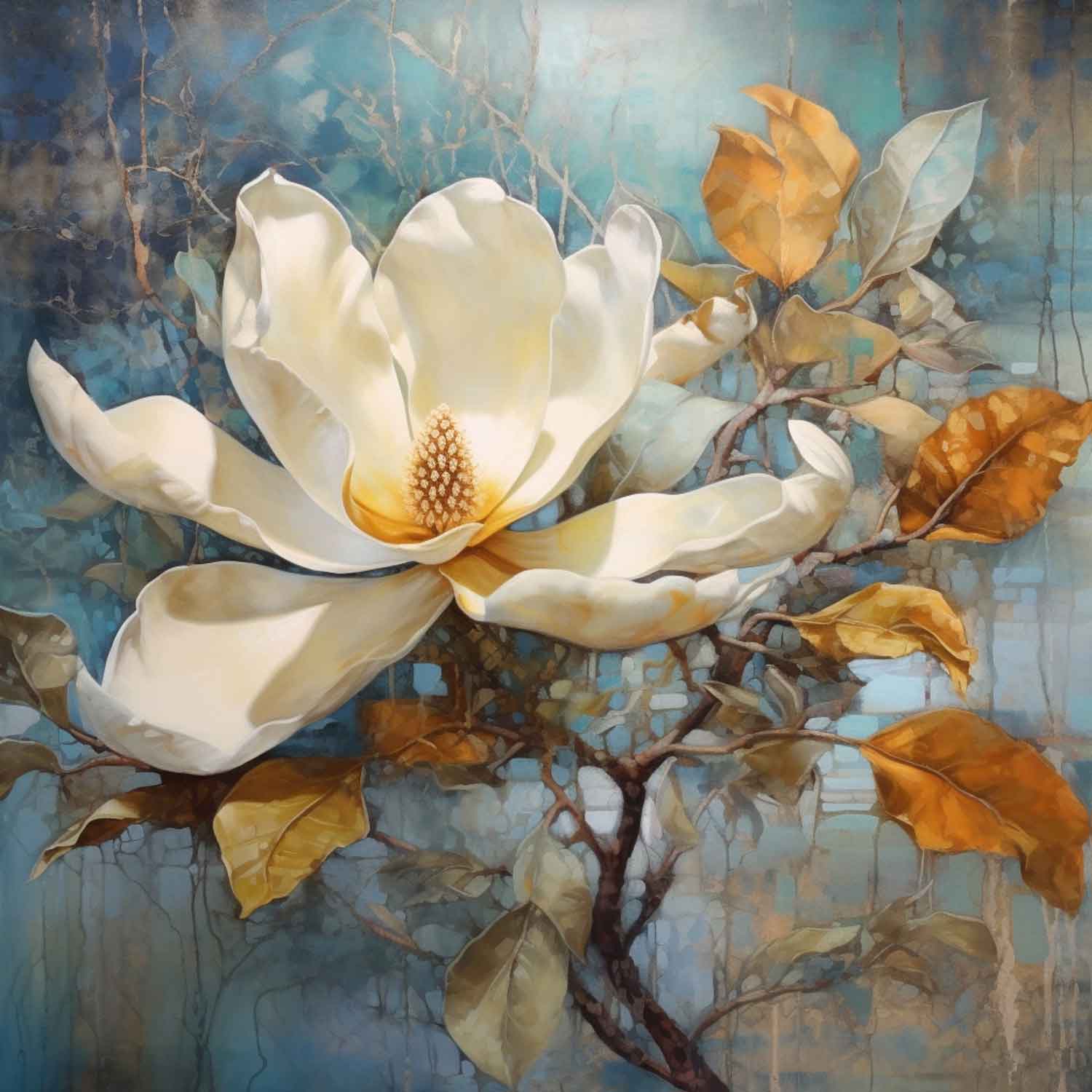 A canvas painting of a white magnolia flower on a branch, displayed above a white sofa with yellow cushions, against a pink wall.