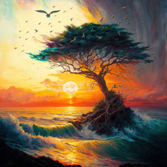 A canvas painting featuring a tree against a sunset background, with vibrant colors and dynamic brushstrokes, displayed above a grey sofa with yellow cushions.